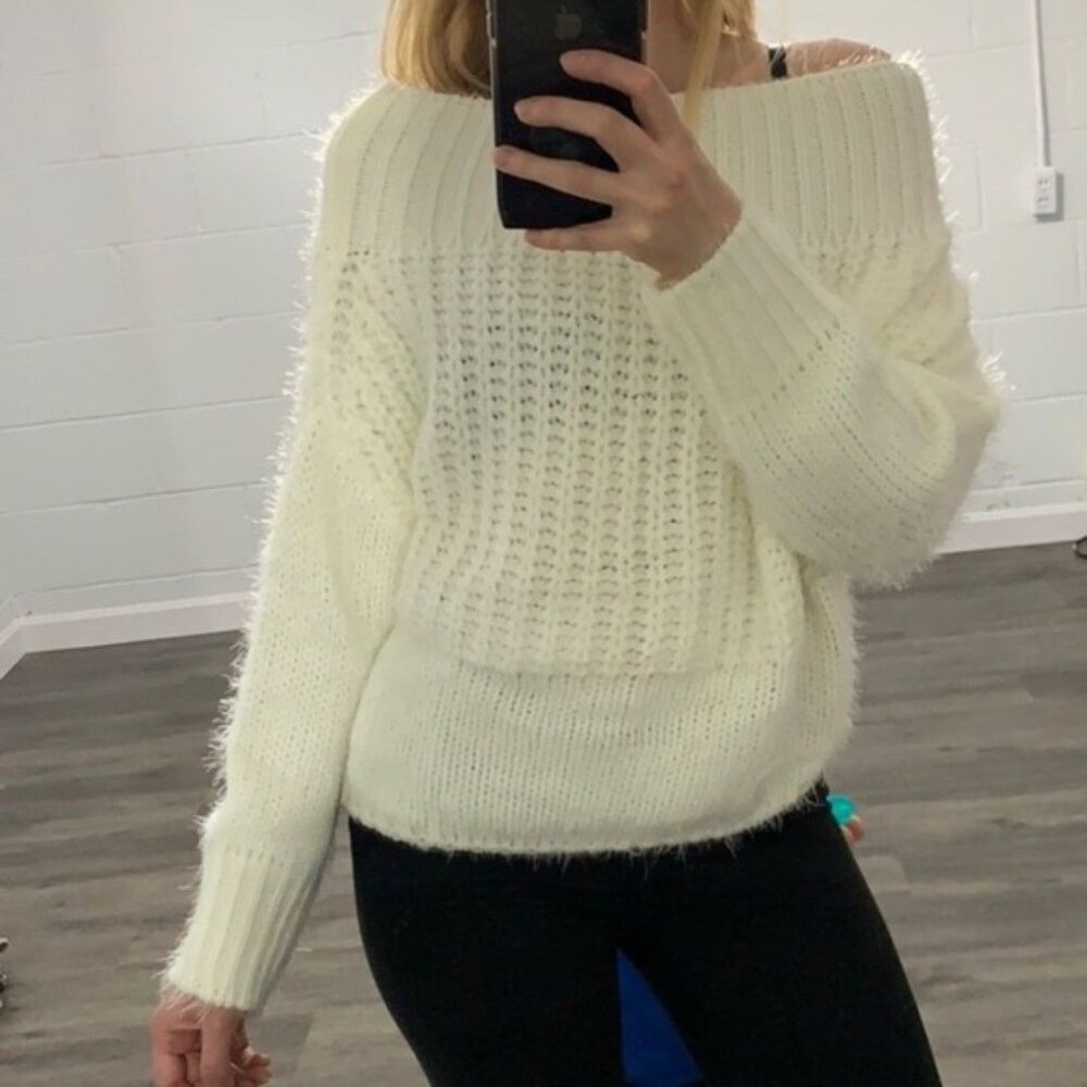 Cream slightly cropped off shoulder sweater
